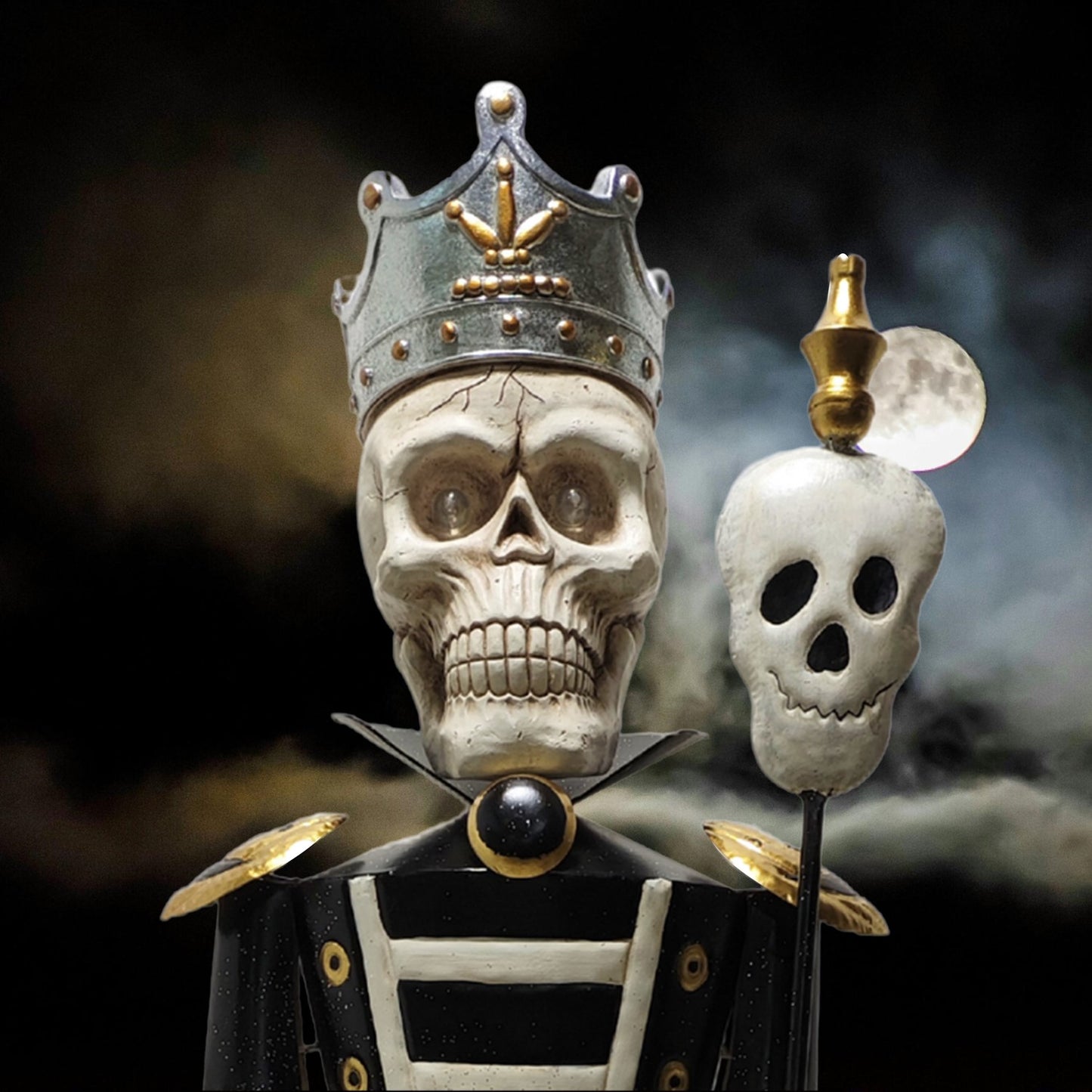 Nearly five-foot-tall silver skeleton soldiers with glowing LED eyes close up of skulls