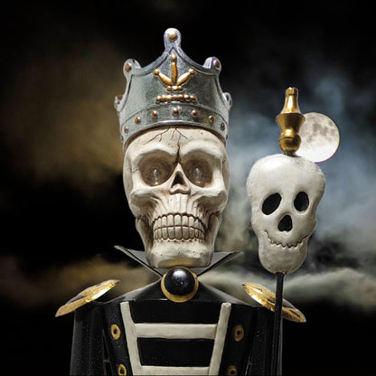 Nearly five-foot-tall silver skeleton soldiers with glowing LED eyes close up of skulls
