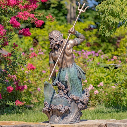 Neptune inspired sea guardian sculpture with antique bronze finish
Triton style merman garden statue with detailed scales and flowing hair