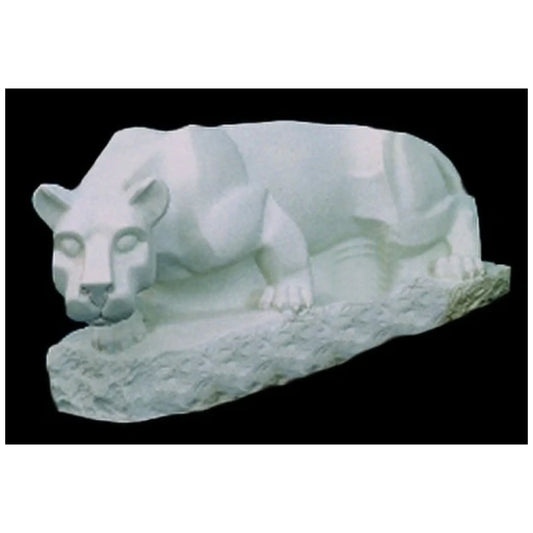 A white designer resin sculpture of the Nittany Lion, crouched on a textured base, resembling the iconic Penn State University shrine.