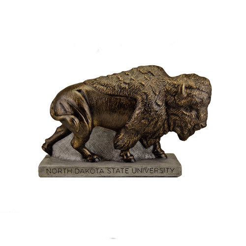 A bronze-finished bison figurine standing on a gray rectangular base engraved with 'NORTH DAKOTA STATE UNIVERSITY', shown against a plain white background.