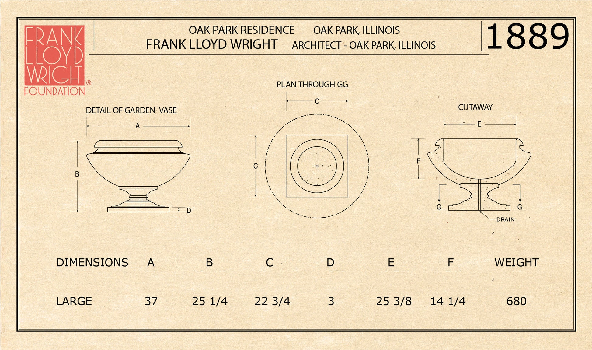 Frank Lloyd Wright Planter Oak Park Residence Diagram of Size