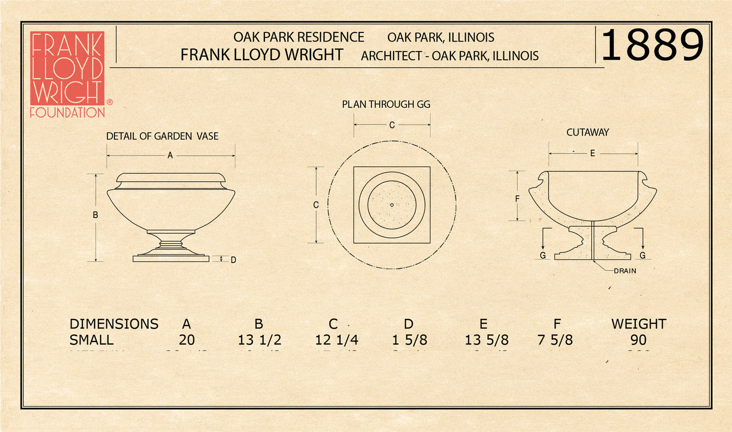 Architectural blueprint of a garden vase with dimensions and details, featuring the Frank Lloyd Wright Foundation logo.