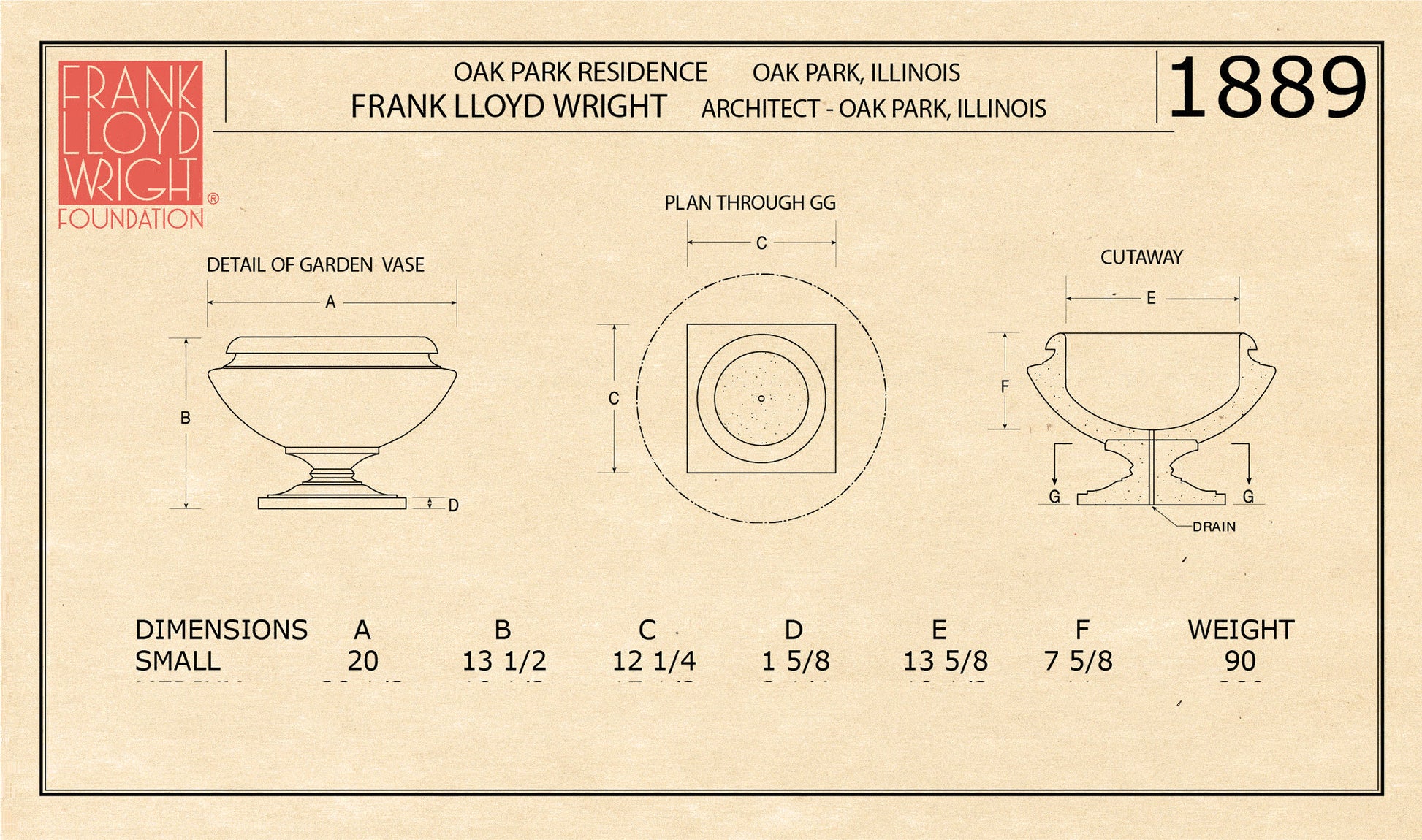 Architectural blueprint of a garden vase with dimensions and details, featuring the Frank Lloyd Wright Foundation logo.