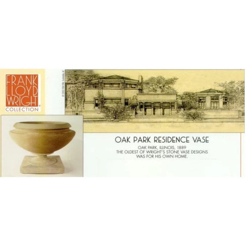 Vase with Frank Lloyd Wright Collection branding and architectural illustration of Oak Park Residence.