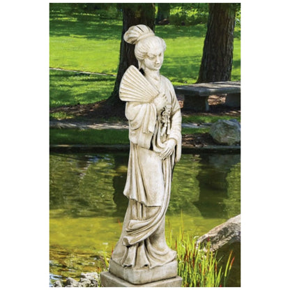 Oriental Maiden Garden Statue with Asian Fan