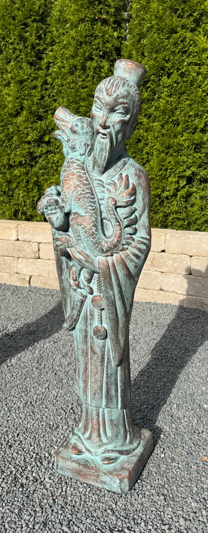 Oriental Mandarin Man Holding Dragon  Cast Stone Sculpture