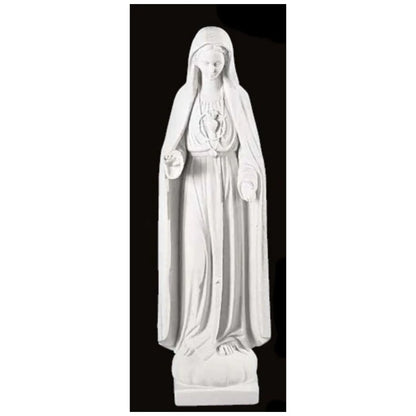 37.5-inch Italian marble Our Lady of Fatima statue, displayed in a landscaped prayer garden with flowers and soft natural surroundings