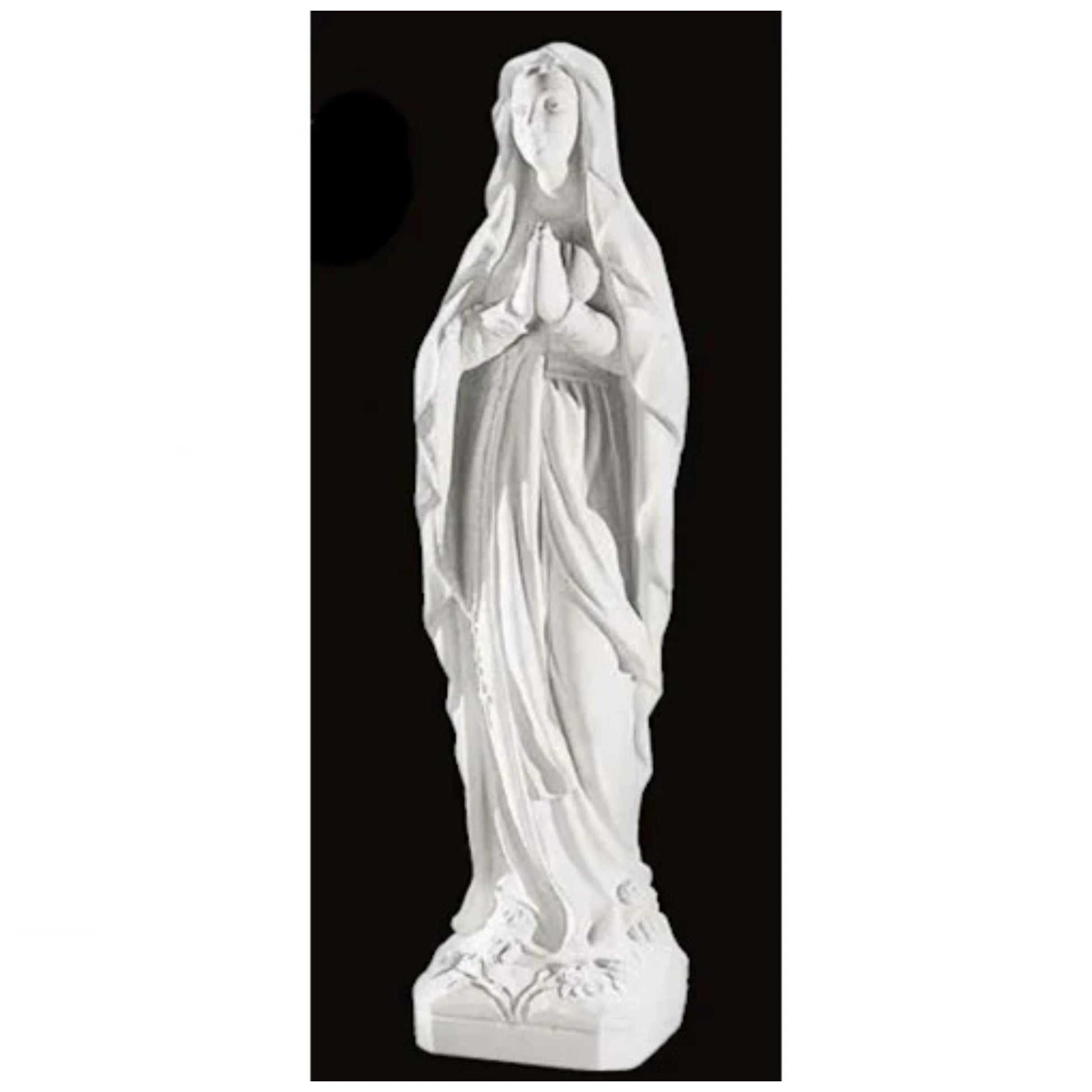 60.25-inch Italian marble Our Lady of Lourdes statue, placed in a beautifully landscaped garden shrine with surrounding flowers and stones