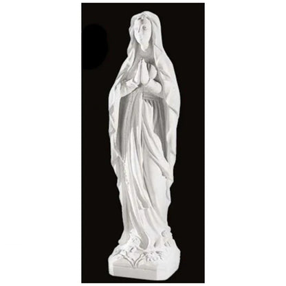 60.25-inch Italian marble Our Lady of Lourdes statue, placed in a beautifully landscaped garden shrine with surrounding flowers and stones