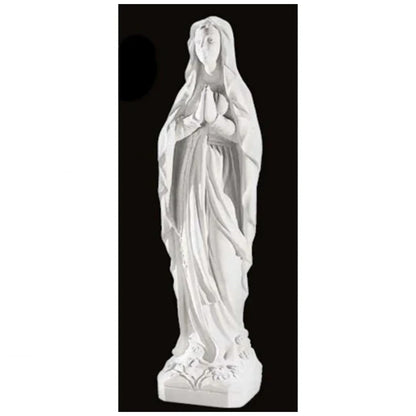 60.25-inch Italian marble Our Lady of Lourdes statue, placed in a beautifully landscaped garden shrine with surrounding flowers and stones