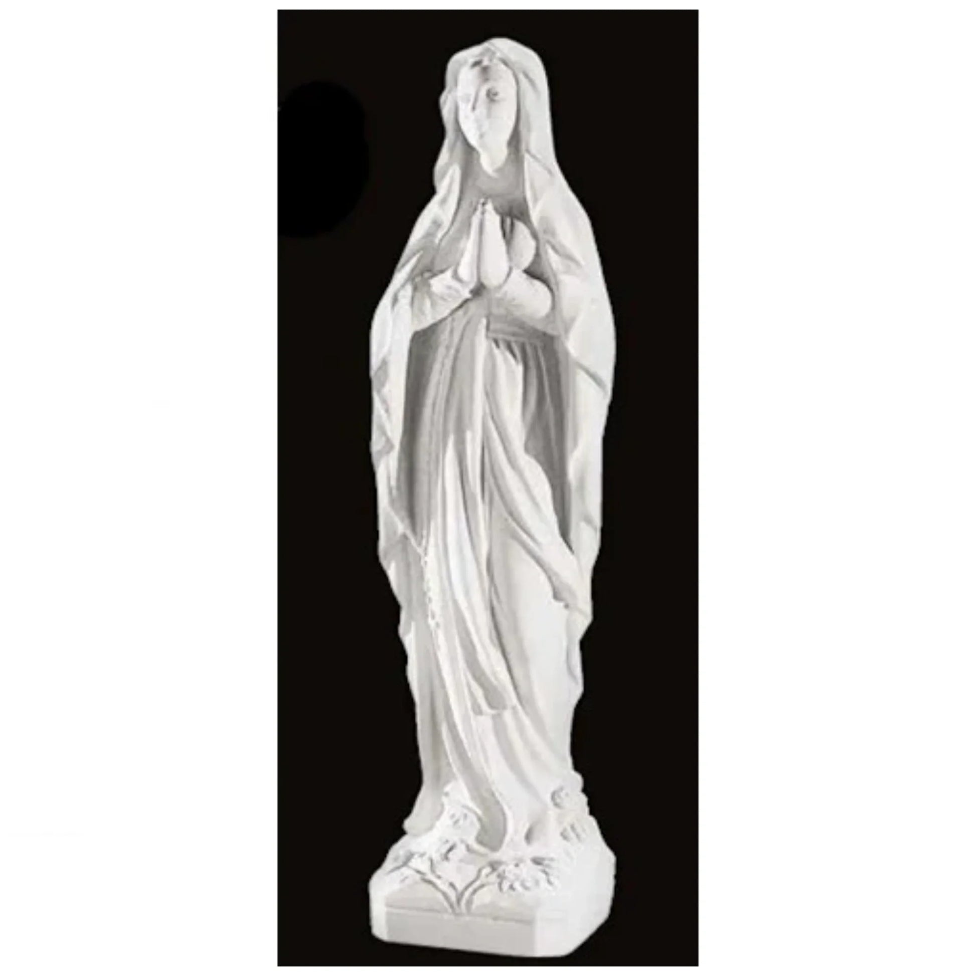 60.25-inch Italian marble Our Lady of Lourdes statue, placed in a beautifully landscaped garden shrine with surrounding flowers and stones