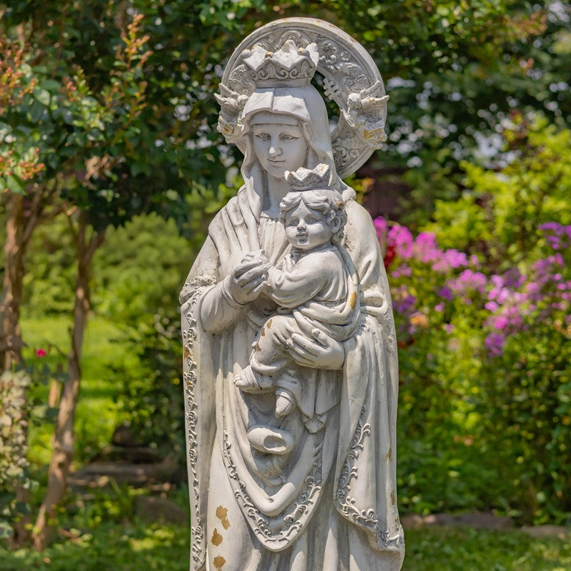 Statue of a woman holding a child in a garden setting Our Lady of Perpetual Help Statue – Antique Grey Religious Art