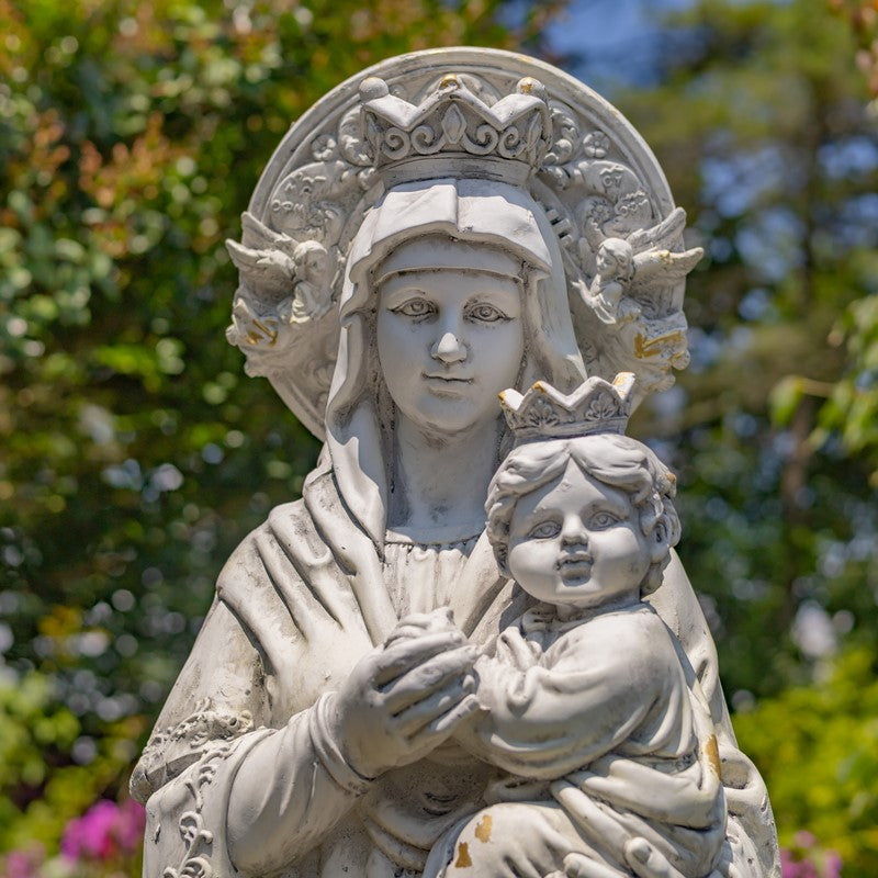 Close up of faces Our Lady of Perpetual Help Statue – Antique Grey Religious Art