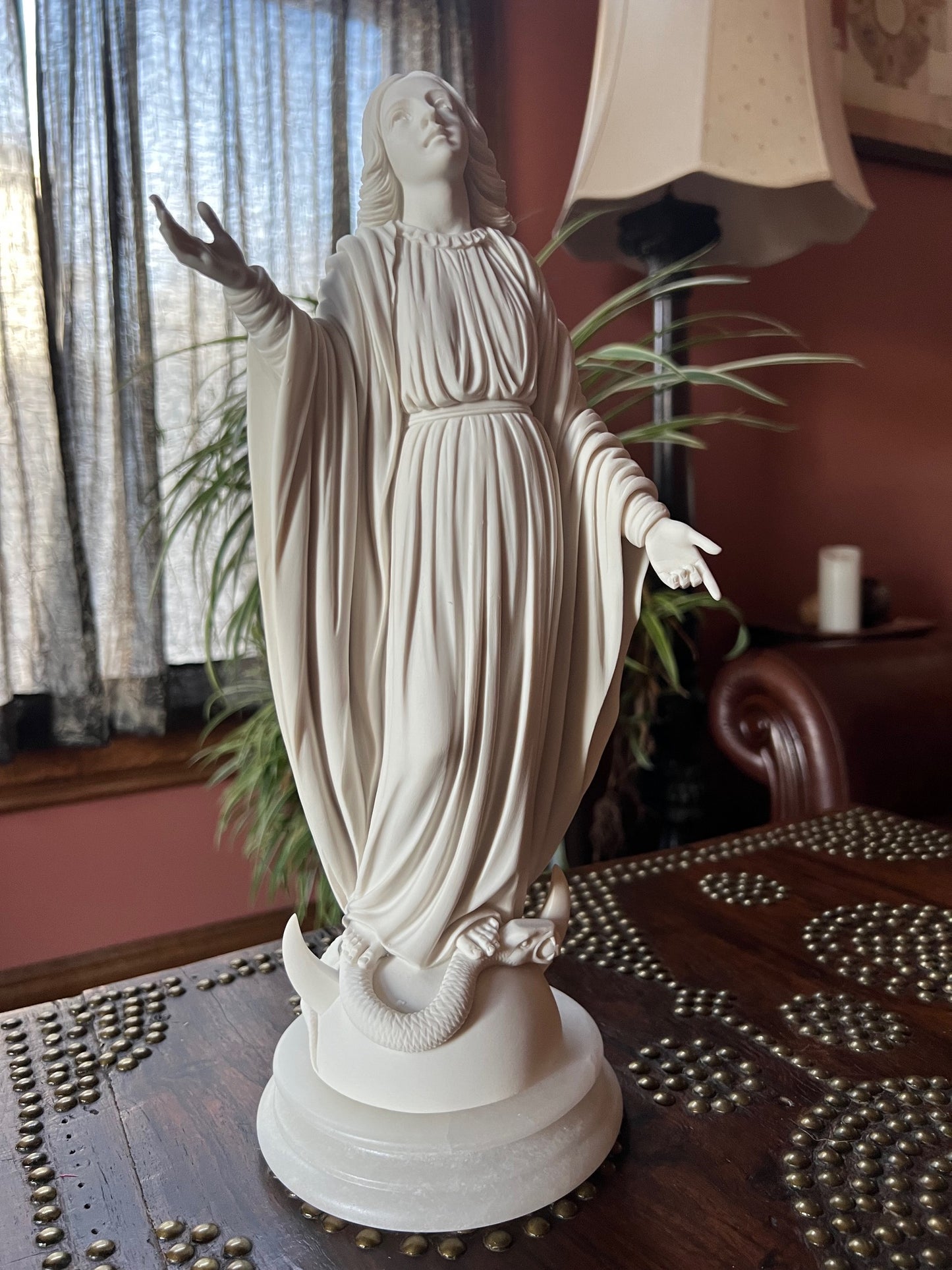 Our Lady of the Miraculous Medal statue with serpent base, crafted in Italy and mounted on a solid marble 