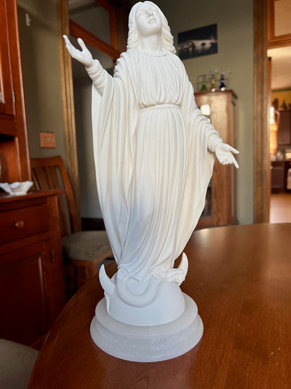 Our Lady of the Miraculous Medal statue with serpent underfoot on marble base solid