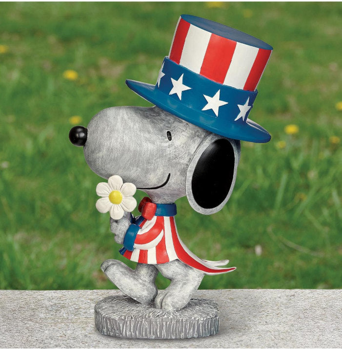 Patriotic Snoopy Peanuts garden statue wearing an Uncle Sam hat