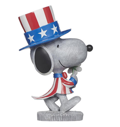 A decorative figurine of Snoopy wearing a patriotic Uncle Sam hat and matching red, white, and blue outfit