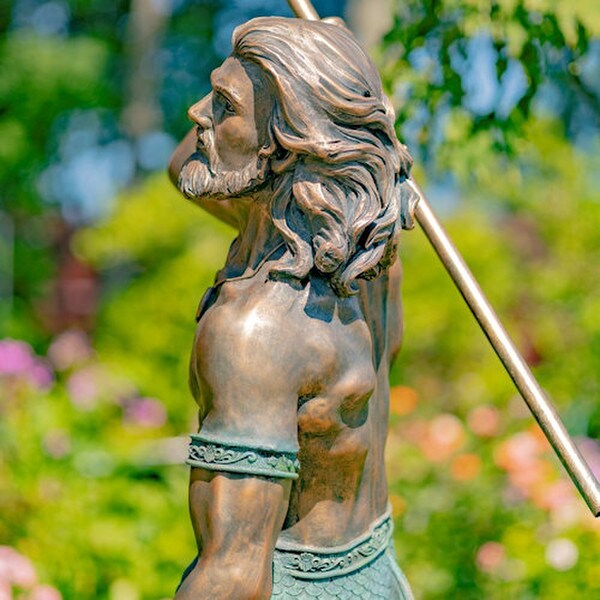 Merman Garden Sculpture Throwing Trident side view of Neptune garden statue