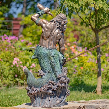 Back view Nautical merman statue blowing shell with bronze body and green patina tail