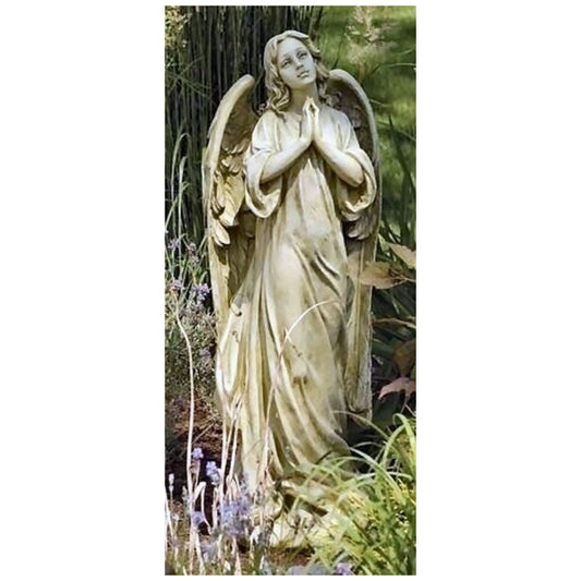 Antique-style angel statue with hands folded in prayer and eyes lifted upward, set in a lush garden—crafted to withstand outdoor conditions with grace