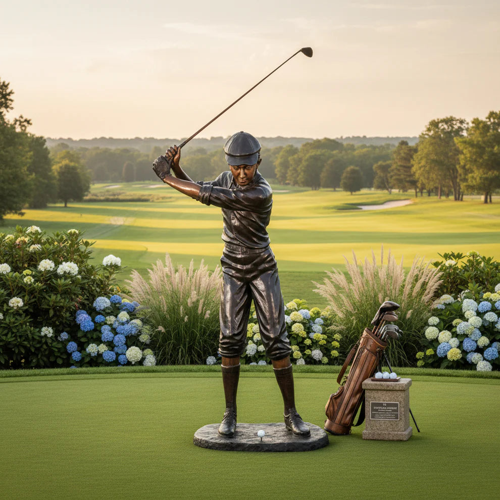 Bronze statue of a golfer on a golf course with flowers and a club bag in the background.