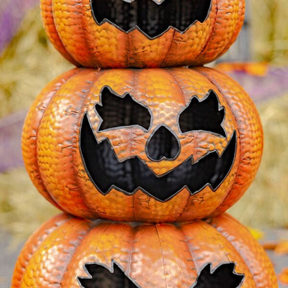 Close up of faces Pumpkins Jack-O-Lantern Totem Decoration