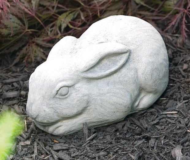 Garden bunny rabbit cast stone statue resting outdoors made in USA