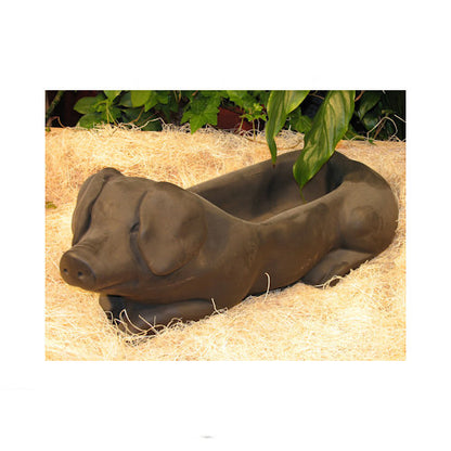 Reclining pig concrete garden planter sculpture in dark walnut finish