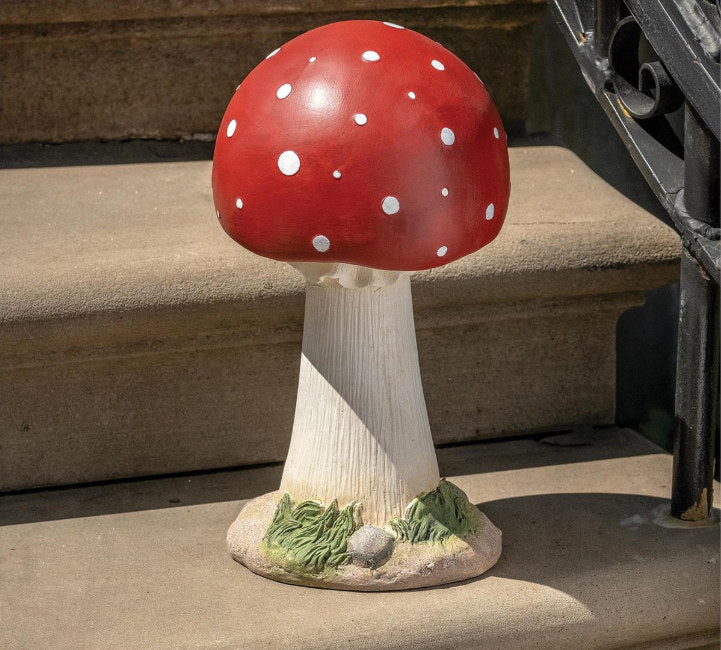 Red and white toadstool garden statue 13.25 inches high mushroom