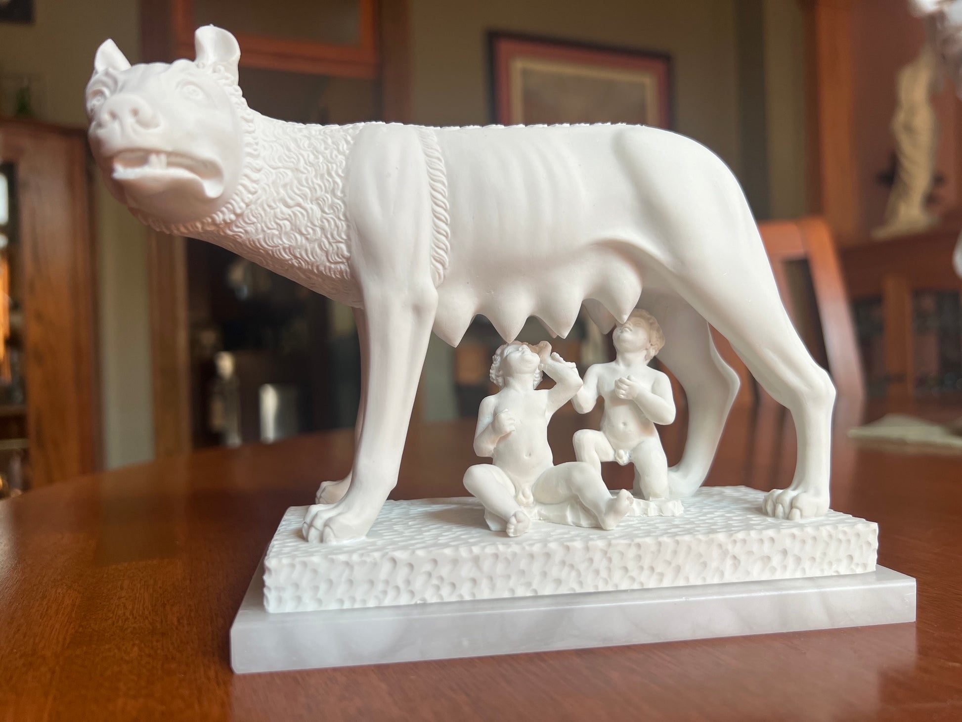 Roman she-wolf nursing the infant twins Romulus and Remus marble statue replica