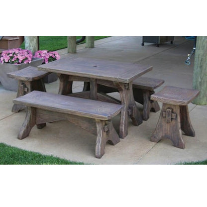 Rustic Table Garden Set Cement Benches Stools Wood Grain Concrete
