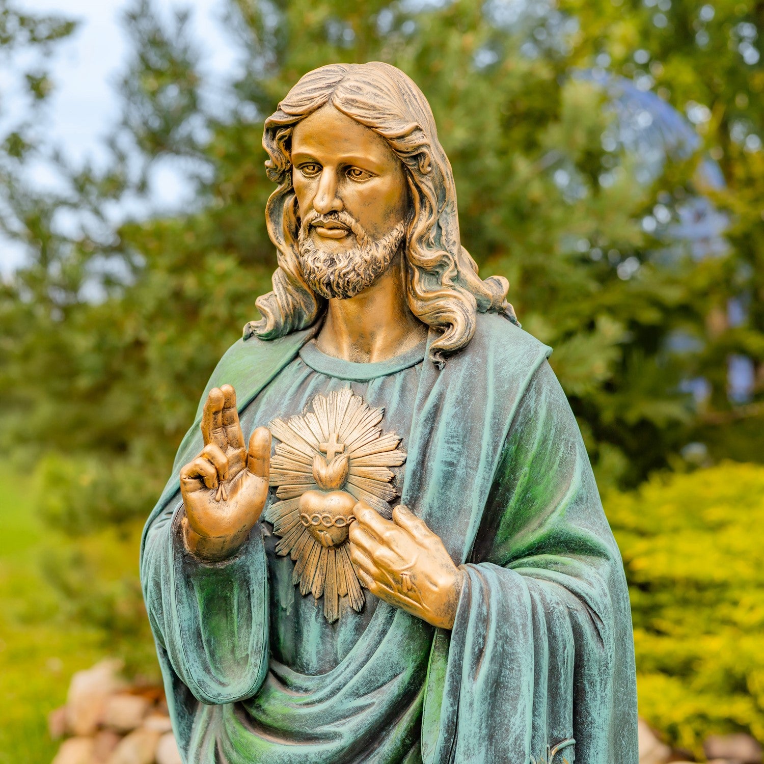 Sacred Heart of Jesus Garden Statue is a powerful expression of faith Christ hand is blessing and the other touching 