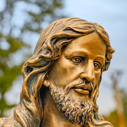Antique Bronze Jesus Sacred Heart Sculpture Close up of Christ's Face and hair