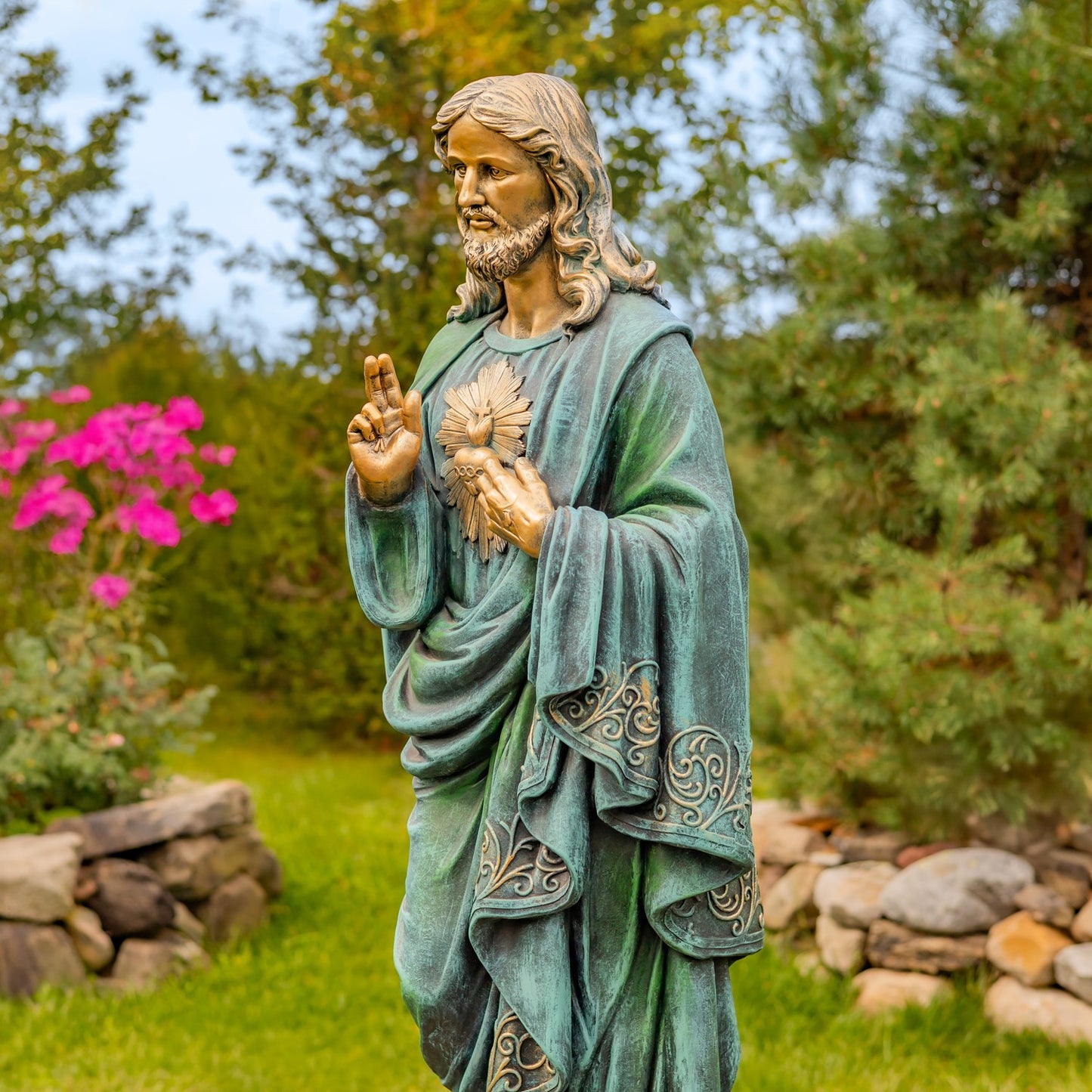 Sculpture Christ Sacred Heart Outdoor Religious Statue Antique Bronze Jesus Garden Art side view