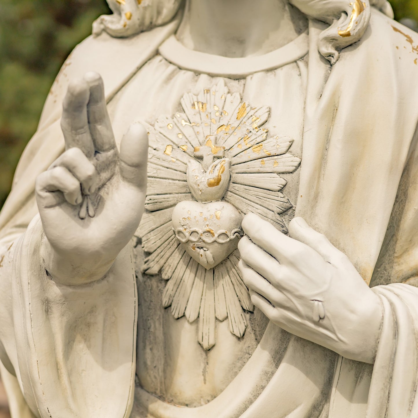 Sacred Heart Jesus Statue for Prayer Garden Catholic sculpture close up of blessing hands