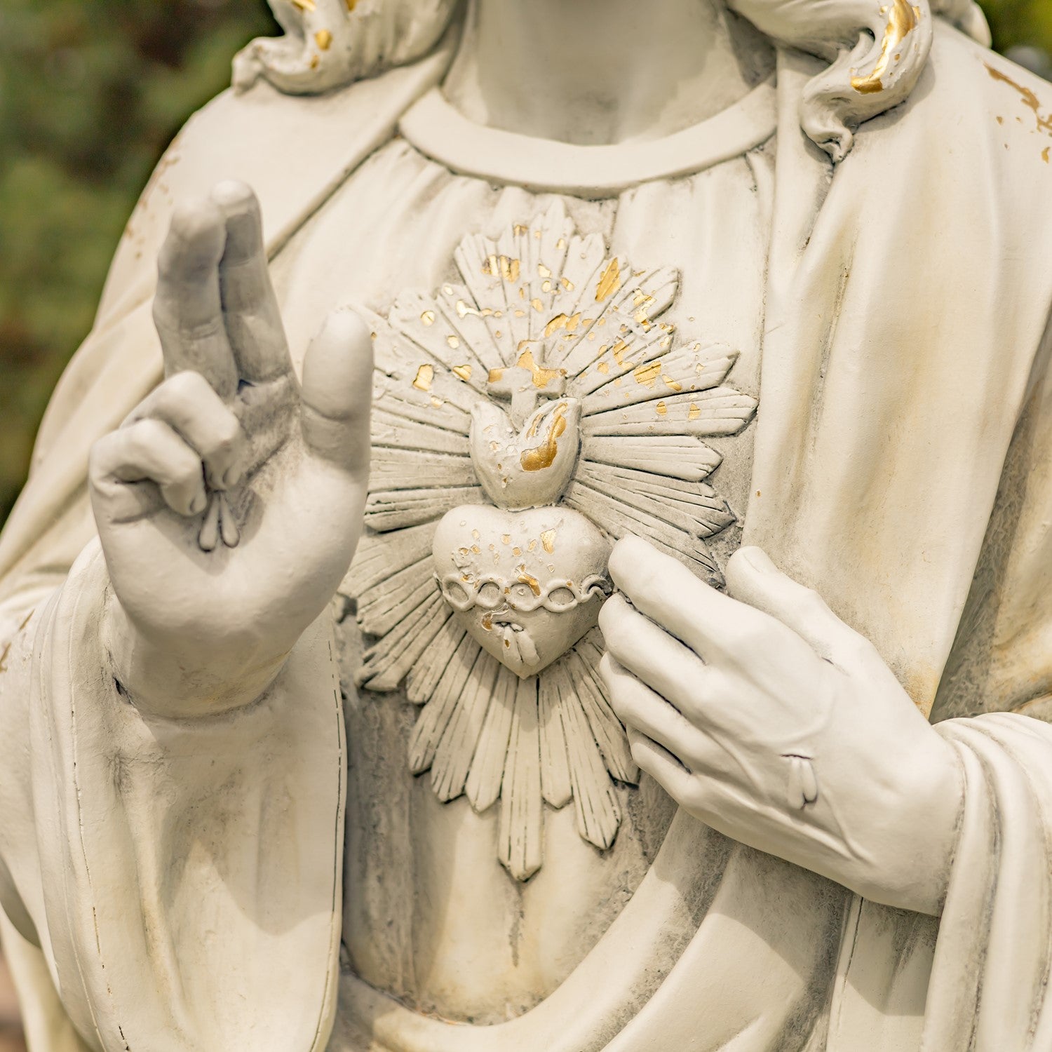 Sacred Heart Jesus Statue for Prayer Garden Catholic sculpture close up of blessing hands