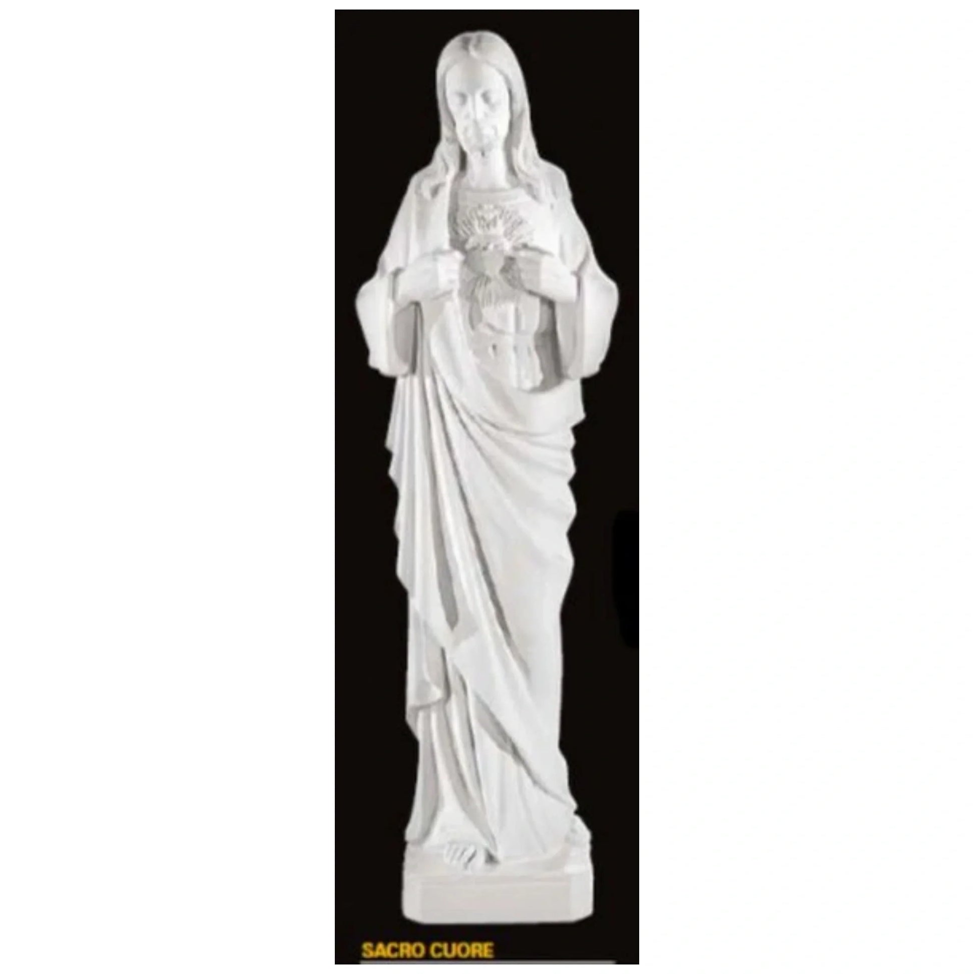 39-inch Sacred Heart of Jesus statue in white Italian marble, displayed in a serene outdoor garden with lush greenery and stone path