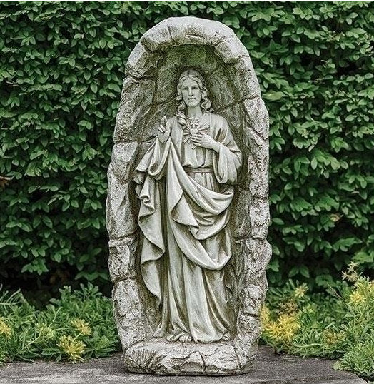 Sacred Heart of Jesus in Grotto Statue Solar Light Outdoor Garden Sculpture
