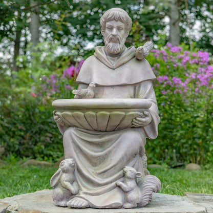 Sitting Saint Francis Statue holding a birdbath, surrounded by woodland animals in antique grey serenity