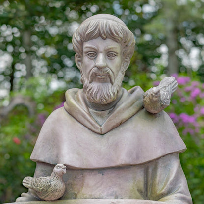Close up of face Sitting Saint Francis Statue holding a birdbath surrounded by woodland animals in antique grey 