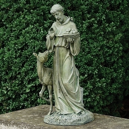 Saint Francis with Horse and Basket of Apples Garden Sculpture