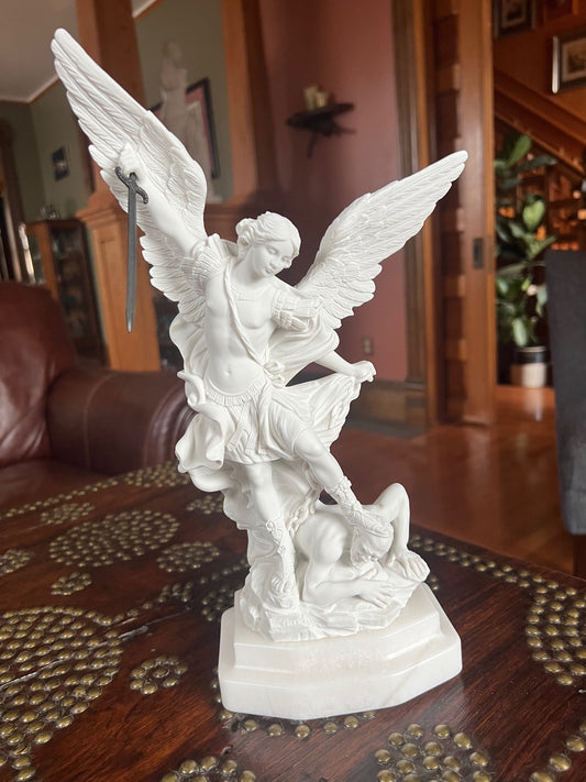 Metal Sword Archangel Michael slaying Satan statue Guido Reni