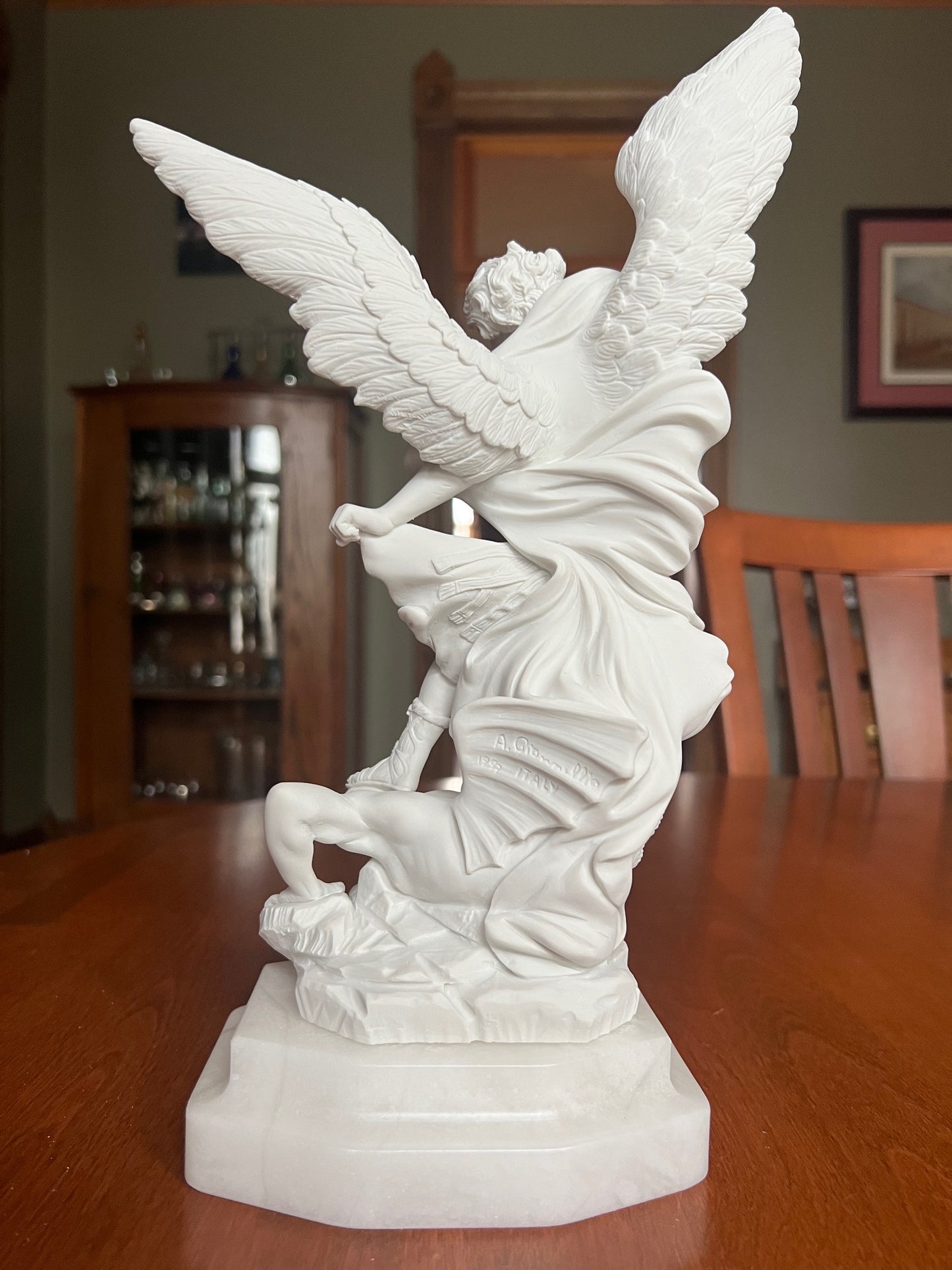Back view of Baroque archangel Michael sculpture Christian Saint Reproduction