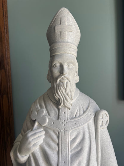 Close up of face and Shamrock Saint Patrick Faux Granite Statue Catholic Irish Gift