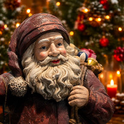 A close-up of a Santa Claus figurine wearing a textured dark red hat and coat, with a long white beard and a sack of gifts on his shoulder, set against a softly blurred Christmas tree with warm lights and a candle.