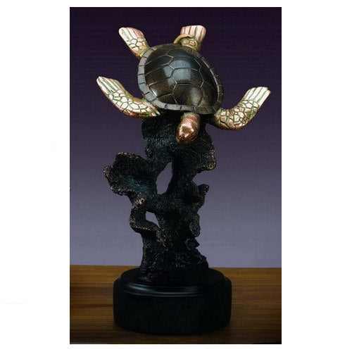 Sea Turtle sculpture swimming through sea grass on black base