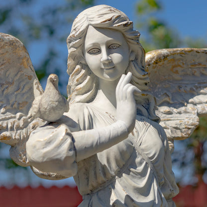 Large scale memorial angel garden statue antique white with bird on arm