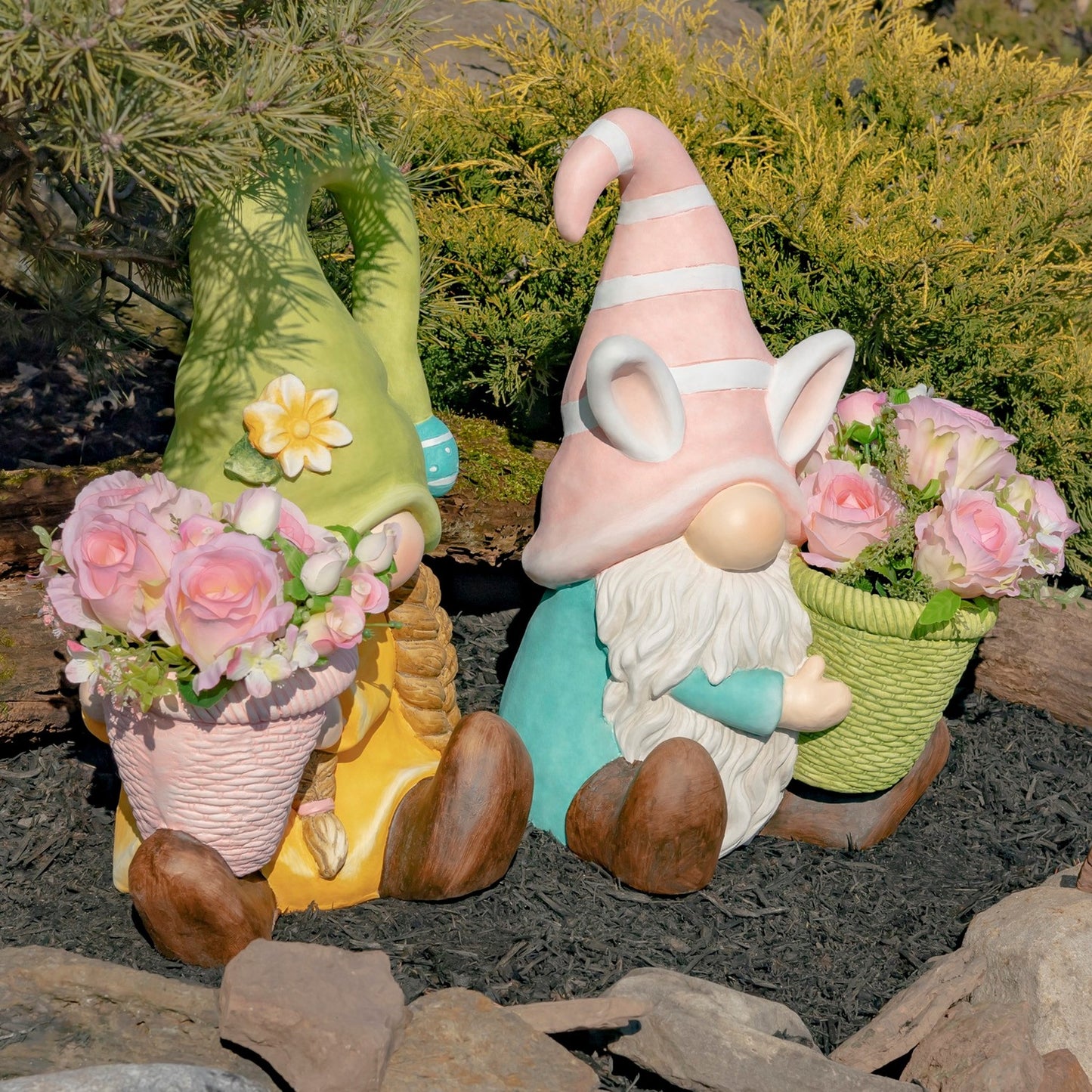 Set of 2 Assorted Spring Garden Gnomes with Planters - angle 4