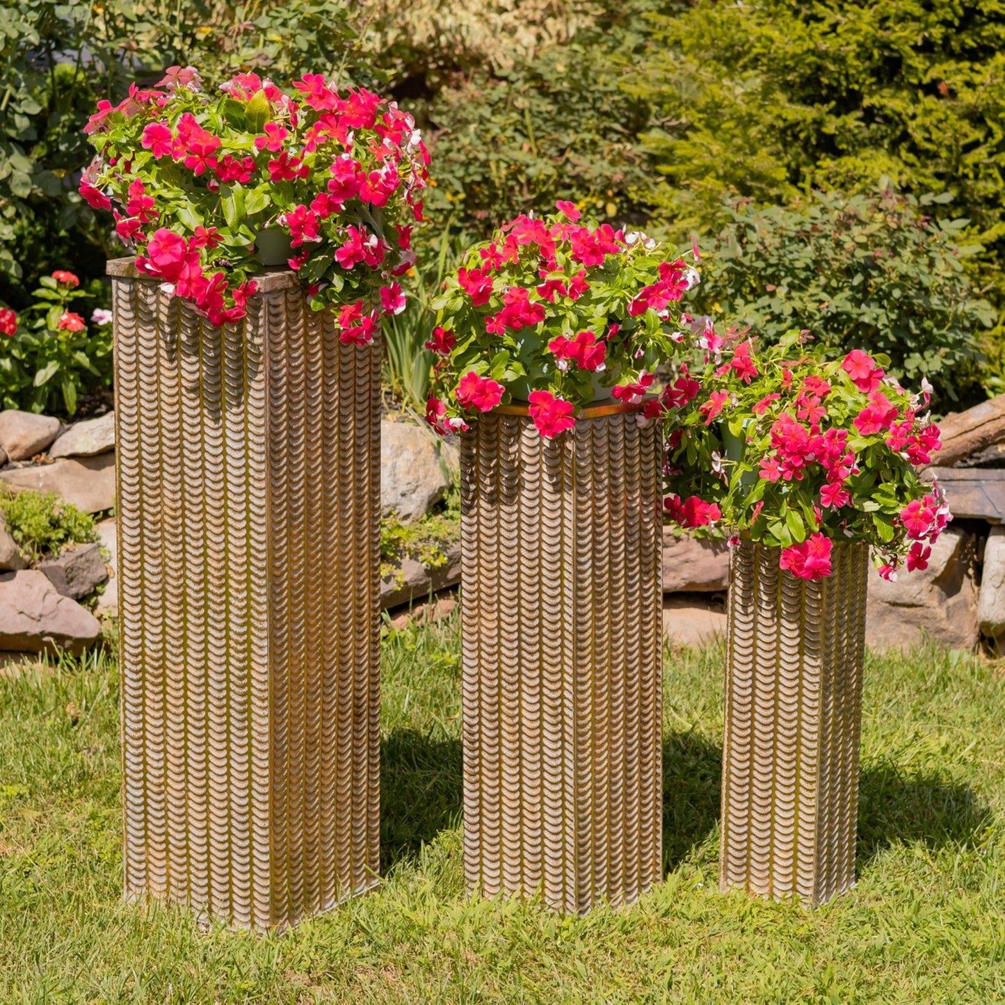 gold display columns indoor outdoor decorating  set of staggered pedestals 